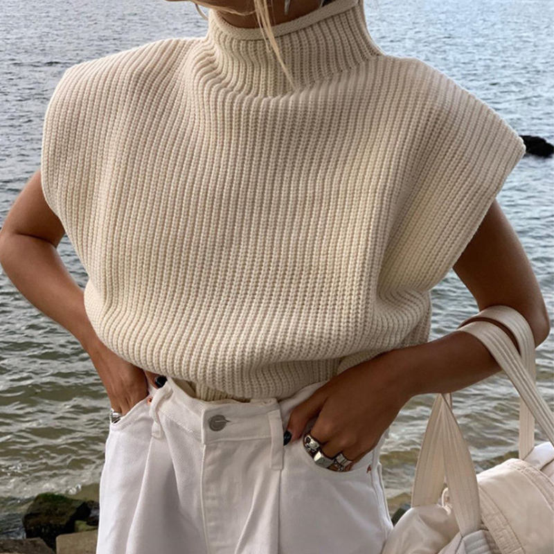 Letní a podzim Módní Vesta bez rukávů Turtleneck Elegantní Crop Top