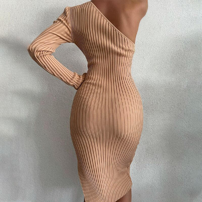 Vlastní jaro mimo ramen dlouhý polyester svetr ženy \\\\ oděv módní pletba pletená diagonální štěrbina sexy šaty